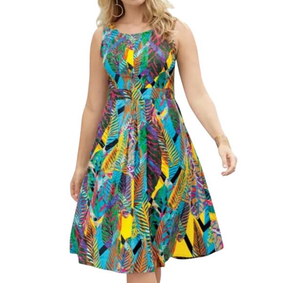 Monroe and Main Tropical Leaf Print Fit and Flare Midi Sundress Size 1X NWT - Picture 1 of 13